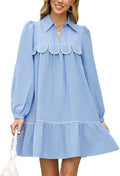 Women’s Long Sleeve Mini Dress Loose Fit Collared Casual Dress Ruffle Hem Elegant Shift Dress