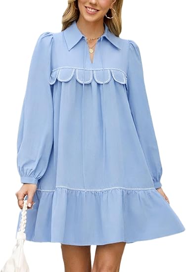 Women’s Long Sleeve Mini Dress Loose Fit Collared Casual Dress Ruffle Hem Elegant Shift Dress