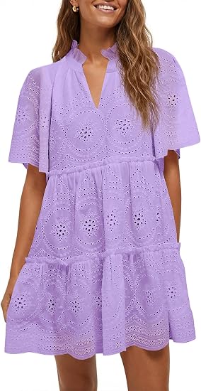 Womens Summer Eyelet Dress Short Sleeve Babydoll Lace Mini Dresses | Hollow Out, Ruffle, Casual,Beach,Tunic Dresses,Boho,Holiday ,Vacation,Cotton ,Loose ,V neck
