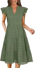 Womens 2026 Summer Midi Dress Hollow Out Eyelet Ruffle Sleeve V Neck Casual Flowy Tiered Beach Vacation Sundress