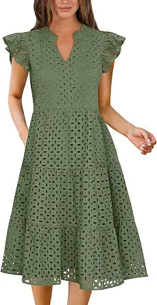 Womens 2026 Summer Midi Dress Hollow Out Eyelet Ruffle Sleeve V Neck Casual Flowy Tiered Beach Vacation Sundress